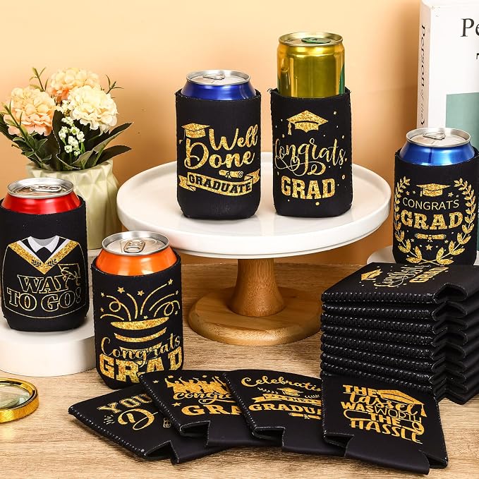 Graduation Can Cooler Sleeves, 18 Pack Black Gold Class of 2026 Neoprene Can Cover 9 Styles of Congrats Grad 12 OZ Drink Beer Soda Beverage for Graduation Party Supplies Gifts