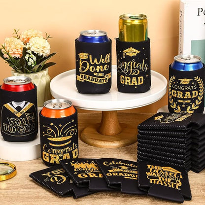 Graduation Can Cooler Sleeves, 18 Pack Black Gold Class of 2026 Neoprene Can Cover 9 Styles of Congrats Grad 12 OZ Drink Beer Soda Beverage for Graduation Party Supplies Gifts