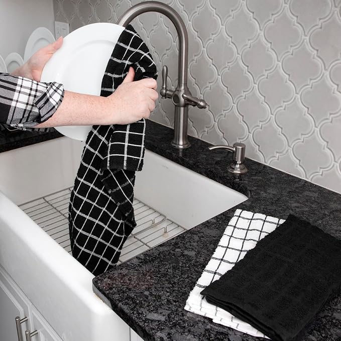 Ritz Premium 100% Cotton Terry Check Kitchen Dish Towels - Highly Absorbent, Super Soft, Long-Lasting, 25"x15", 3-Pack, Black