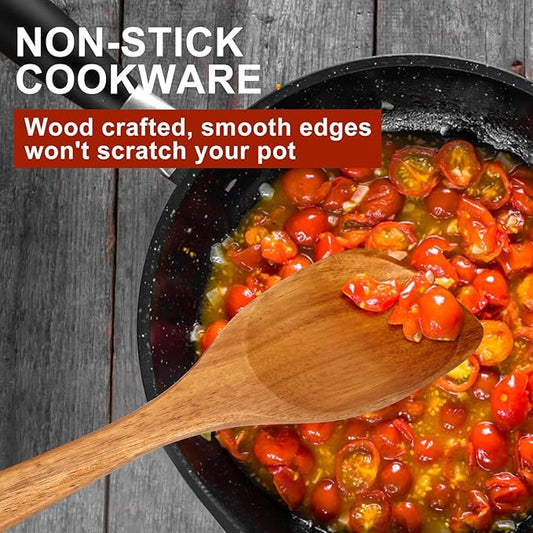 Large Wooden Spoons for Cooking Spatula Non Toxic Acacia Wood Kitchen Utensil Best Cooking Spoon for Mixing Serving Non Stick Bamboo Kitchen Utensils Big Corner Stirring Spoon Long Handle Teak Spatula