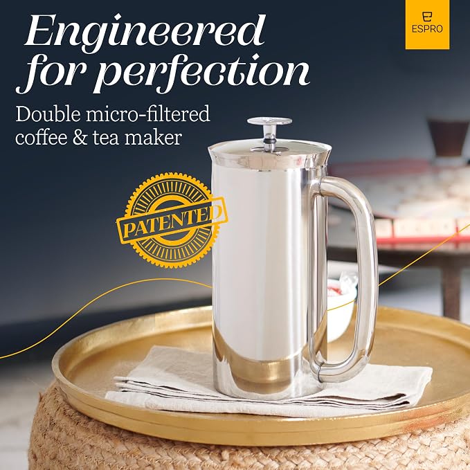ESPRO Pro P7 French Press Stainless Steel 304 - Patented Double Micro-Filter for Grit-Free Coffee, Double Wall Insulated Coffee Maker, Plastic-Free & Heat Resistant - Polished 32oz