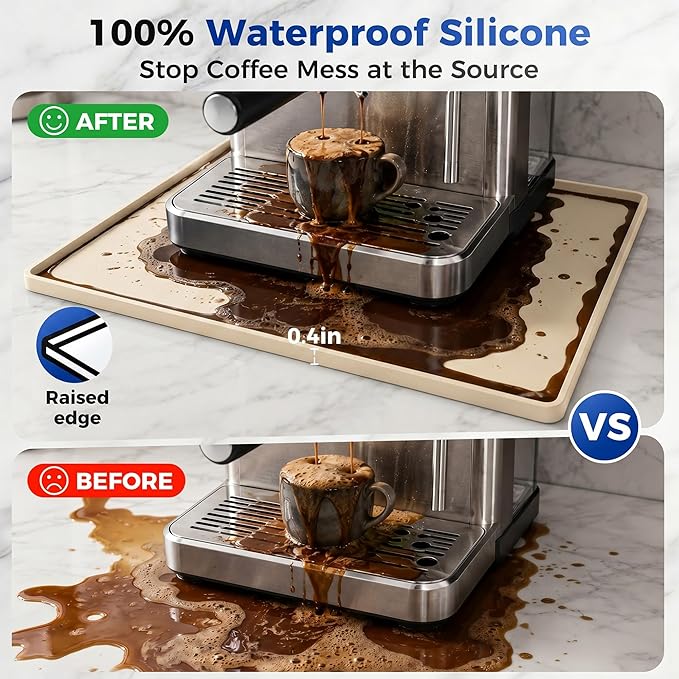 Golener Silicone Coffee Mat - 24" x 16" Coffee Bar Mat for Countertop with Raised Edges, Kitchen Station Pad, Accessories Fit Under Coffee Machine, Waterproof Dish Drying Mat, Heat Resistant, Beige