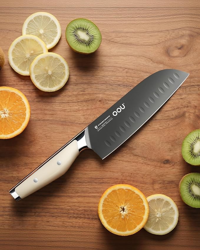 OOU 7 Inch Santoku Knife, German 1.4116 Stainless Steel Kitchen Knife, Gunmetal Blade with AgShield & TinSharp Finish, Balanced ABS Handle, Sharp Cooking Knife for Meat, Vegetables and Daily Prep