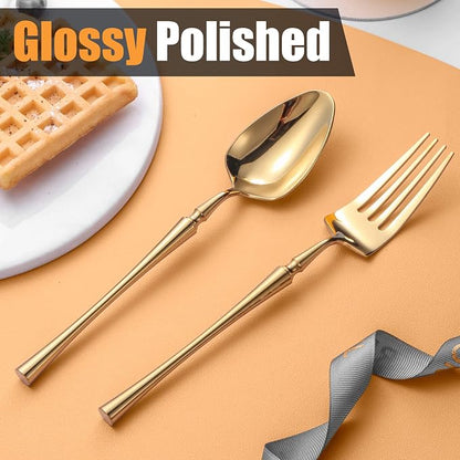 Lemeya 20 Piece Glossy Gold Silverware Set,18/10 Stainless Steel Flatware Set Service for 4,Unique Cutlery Set with Canton Tower Handle,Forks Spoons and Knives Set,Mirror Polished,Dishwasher Safe
