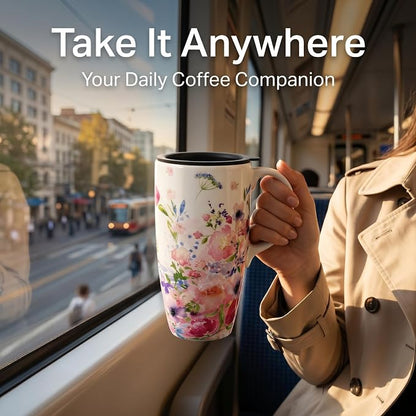 Topadorn 17oz Ceramic Travel Mug with Lid and Handle, Watercolor Floral Coffee Cup, Microwave & Dishwasher Safe, Reusable Tea Mug in Gift Box