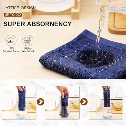 Mordimy 100% Cotton Terry Cloth Kitchen Towels, Super Soft and Absorbent Dish Towels for Drying, Checkered Designed Hand Towels for Kitchen, 16 x 26 Inches, 8 Pack, Navy Blue
