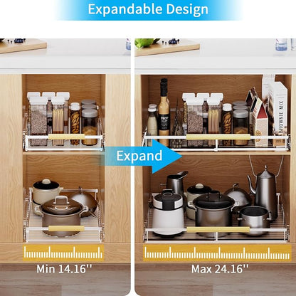 Expandable Pull Out Drawer Cabinet Organizer, Adjustable Width Bottom-Mounted Slide Out Storage Shelves for Cabinets, Required Cabinet Size (14.16"~24.36", D≥17.3"), 2 Pack