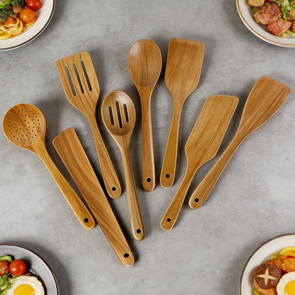 8 Pcs Best Acacia Wood Kitchen Utensil Set Wooden Spoons for Cooking Wok Turner Spatulas Bamboo Non Toxic Cooking Utensils Scraper Spurtle Kitchen Slotted Cooking Spoon Flat Egg Flipper Spatula Set
