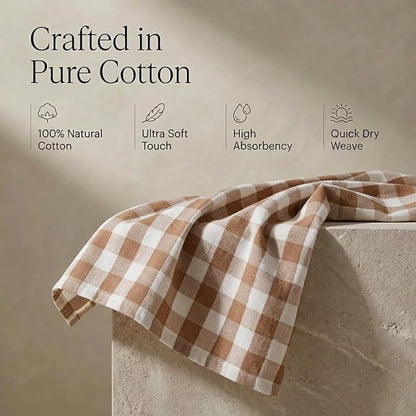 Urban Villa Kitchen Towels Set of 6 Buffalo Checks Taupe/Chocolate/Ivory 20X30 Inches Kitchen Towels 100% Cotton Highly Absorbent Premium Quality Ultra Soft Bar Tea Towels with Mitered Corners