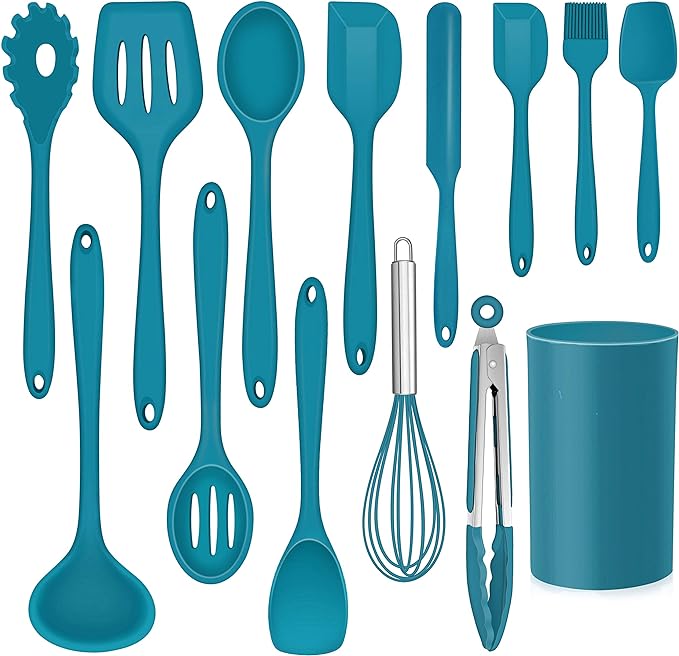LIANYU 14 Pcs Cooking Utensils Set with Holder, Heat Resistant Silicone Kitchen Cookware Utensils Set, Kitchen Cooking Tools Includes Spatula Spoon Turner Whisk Tong, Dishwasher safe, Dark Blue
