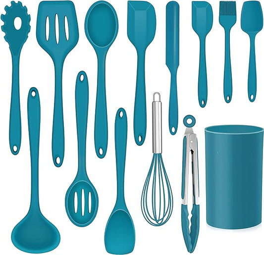 LIANYU 14 Pcs Cooking Utensils Set with Holder, Heat Resistant Silicone Kitchen Cookware Utensils Set, Kitchen Cooking Tools Includes Spatula Spoon Turner Whisk Tong, Dishwasher safe, Dark Blue