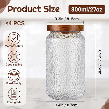 LemonRoad 4 Pack 27 oz Vintage Glass Jars with Lid Decorative Airtight Glass Food Containers Anti Slip Storage Canister for Kitchen Counter Pantry Coffee Nuts Sugar Candy Tea Cookie Spices Oats Cereal