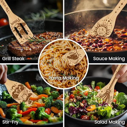 CUTHOLLOW 6PCS Magic Witch and Broom Wooden Kitchen Cooking Utensil Set, 11.9in Non Toxic Bamboo Wood Spoon Set for Cooking, Best Housewarming Birthday Thanksgiving Christmas Gift for Women Mother
