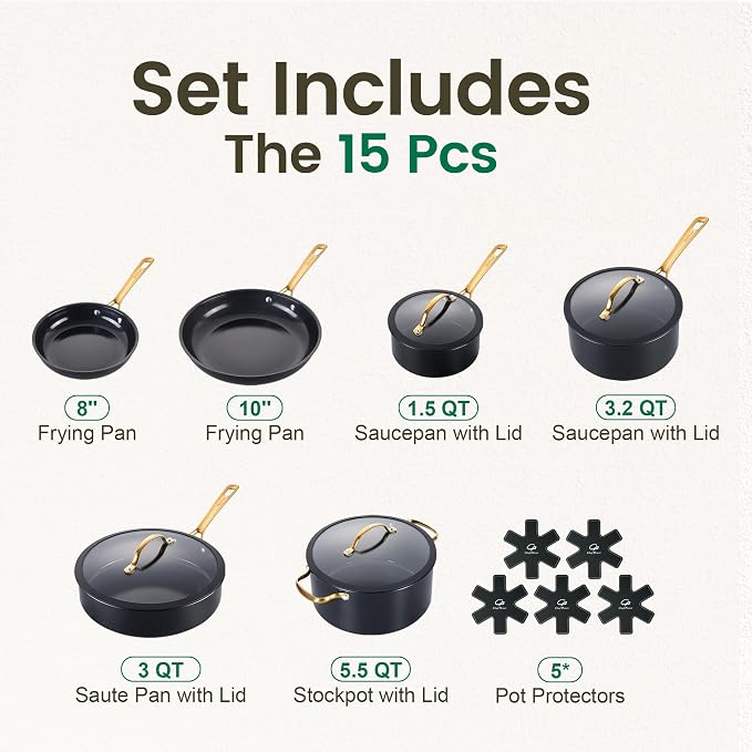 Chef Power Ceramic Cookware Sets, 15Pcs Pots and Pans Set Non Stick, Cookware Set with Stainless Steel Handle, Dishwasher & Oven Safe, Stone Black and Light Gold Handle