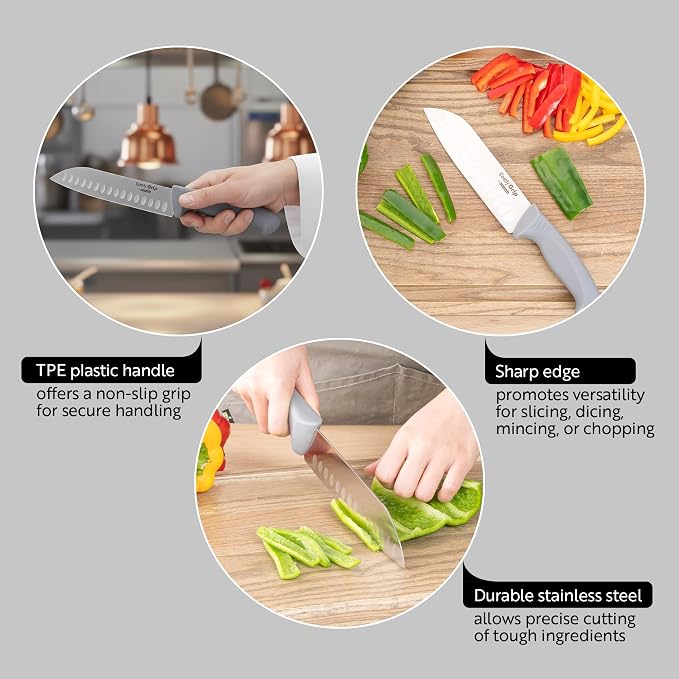 Restaurantware Comfy Grip 7 Inch Santoku Knife 1 Sharp Kitchen Knife - Ergonomic Handle Non-Slip Grip Gray Stainless Steel Japanese Chef Knife Dishwashable Granton Edge