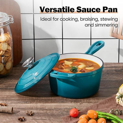 Homikit 1 QT & 2 QT Saucepan Set, Enameled Cast Iron Saucepan with Lid for All Cooktops, Small Pot Mini Dutch Oven for Kitchen Cooking, Boiling, Nonstick & Heavy Duty, Teal Ombre