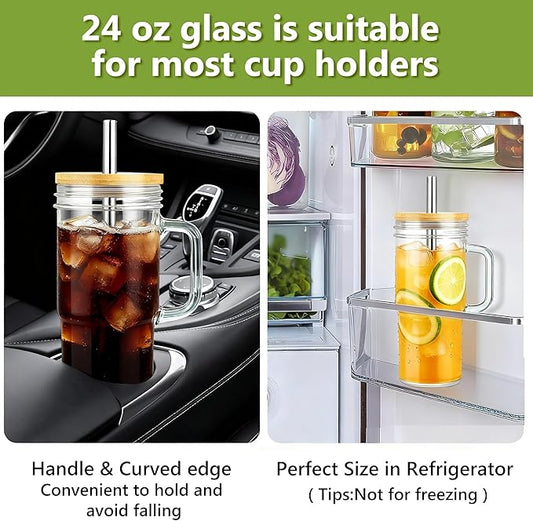 Birity Glass Cups with Lids and Straws,24oz Glass Tumbler With Handle,4 Pack Reusable Iced Coffee Cup with Lids-Mason Jar with Lid and Straw,Boba Cup for Cold & Hot Drinks,Smoothies Cup,Travel Mug