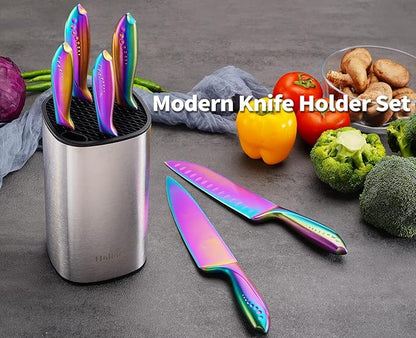 Rainbow Knives Block Set 7 Pieces, Iridescent German High Carbon Stainless Steel Kitchen Knives Pack with Universal Knife Holder