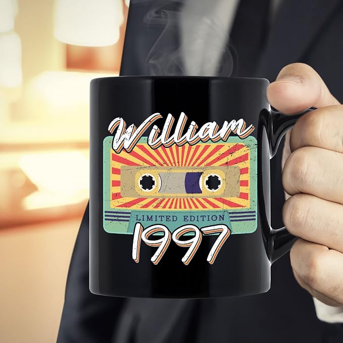 Personalized Vintage Cassette Tape Vintage 1997 Mug, Custom Your Name, 1997 Retro Coffee Mug, 25th Birthday Present Gifts, 1997 Birthday Gift For Friends Family, Customizable Black Tea Cups