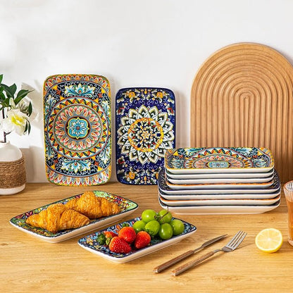 vancasso Simi 6-Piece Rectangular Ceramic Plates Set, 8.5" x 5.1" Small Dessert & Sushi Plates, Bohemian Appetizer Serving Plates, Microwave & Oven Safe Porcelain Plates