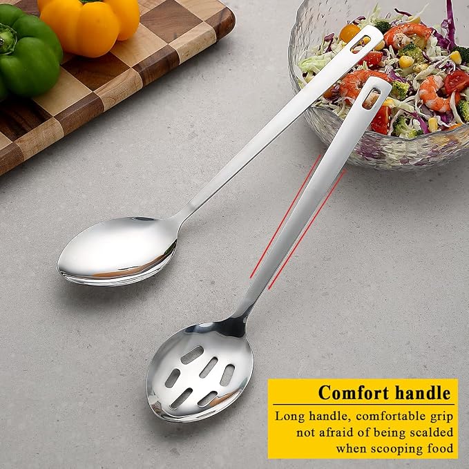 Kyraton Cooking Spoon Set, Stainless Steel Kitchen Cooking Serving, Solid Spoon, Slotted Spoon, Heat Resistant Handle, Dishwasher Safe, Easy to Clean