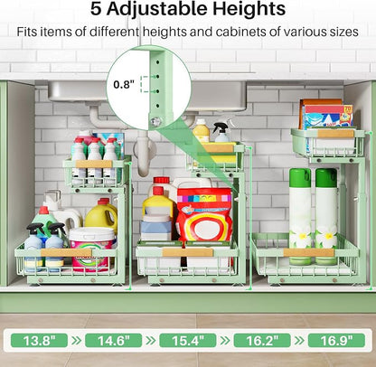 Kitstorack Under Sink Organizer, 2 Tier Under the Sink Storage, Slide out Pull out Cabinet Organizer Shelf, Metal Sliding Drawer for Kitchen Bathroom Pantry Closet Organization Rack, Green, 2 Pack