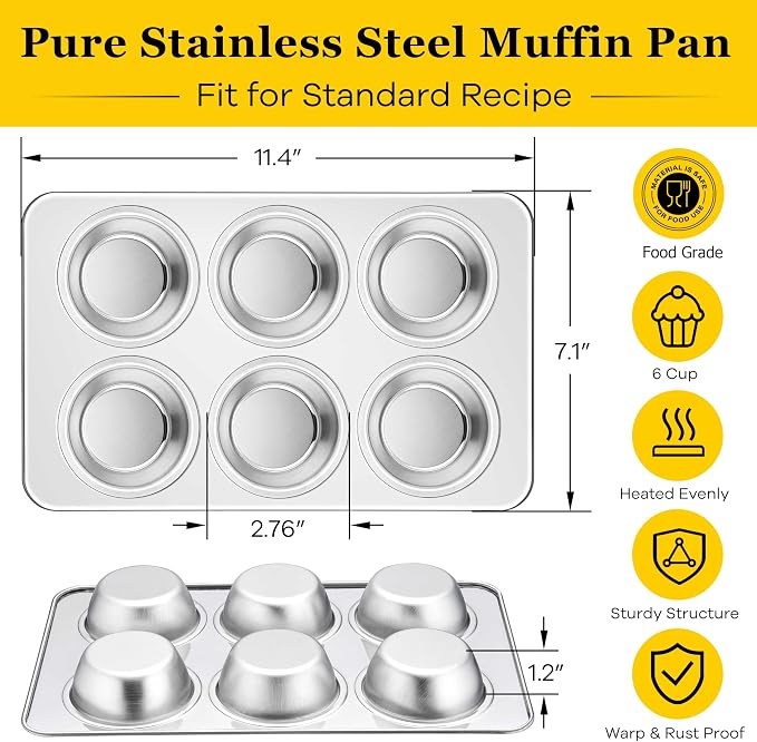 Homikit 2 Pack Muffin Pan, Stainless Steel Cupcake Baking Tin with 6 Cups Regular Size, 11.4 x 7 Inches Metal Egg Bites Tray for Toaster Oven, Rust Free & Non Toxic, Easy Release & Dishwasher Safe