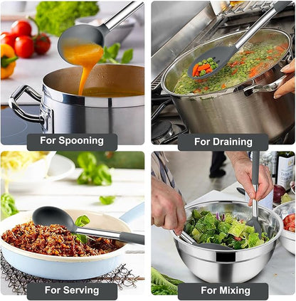 TeamFar Kitchen Utensils, 4PCS Heat-proof Silicone Cooking Utensils Set Slotted Spatula Solid Turner Spoon with Stainless Steel Handle, for Non-stick Cookware Flipping, Frying, Draining – Gray