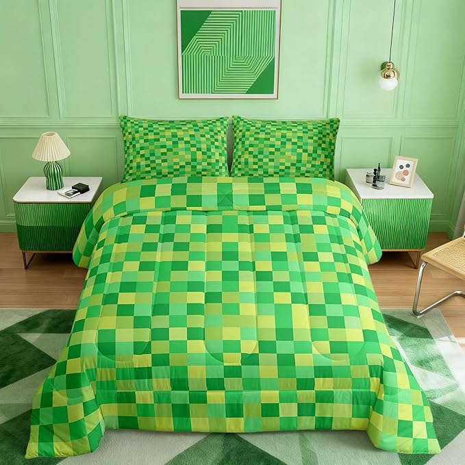 Manfei Pixelated Grid Kids Comforter Toddler Size,Miners Lattice Games Quilt Set for Kids Boys Girls Bedroom Decor,Geometric Square Blocks Bedding Set,Green Duvet Insert,1 Pillowcase