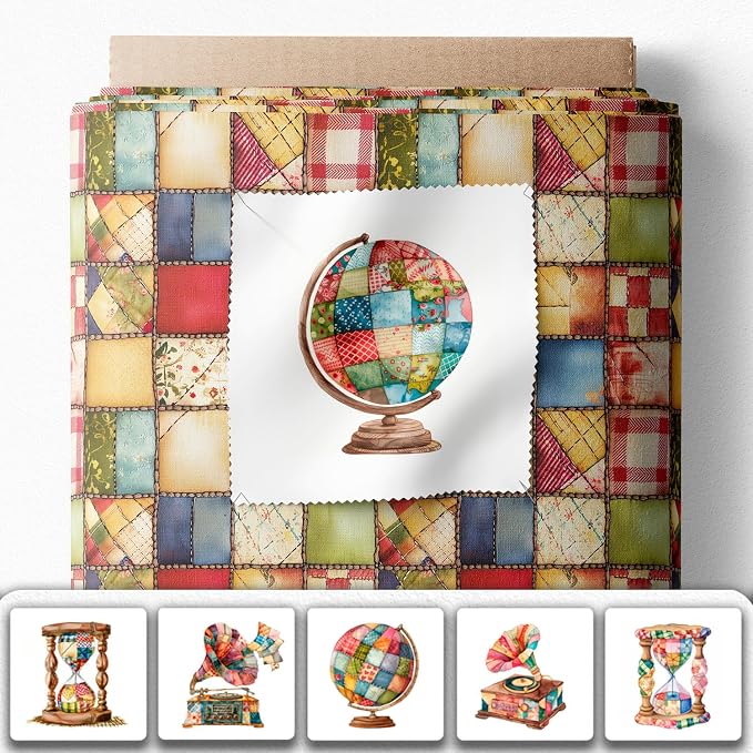 Patchwork Globe Cotton Fabric Panel – 6 Designs (10×10 inch Each) + Bonus Sheet 29.5×19.6 inch, 100% Cotton 140 GSM, Made in Türkiye