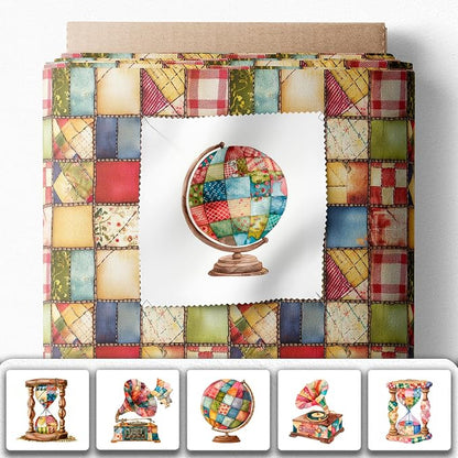Patchwork Globe Cotton Fabric Panel – 6 Designs (10×10 inch Each) + Bonus Sheet 29.5×19.6 inch, 100% Cotton 140 GSM, Made in Türkiye