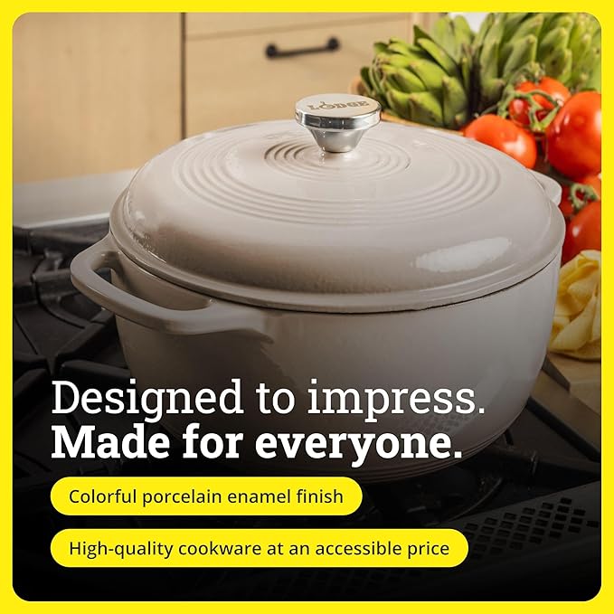 Lodge Essential Enamel Cast Iron Dutch Oven 6 Quarts - Perfect for Bread Baking, Braising, Marinating & Slow Cooking, Features Moisture-Sealing Lid & Dual Handles, Kitchen Essentials, Sandalwood