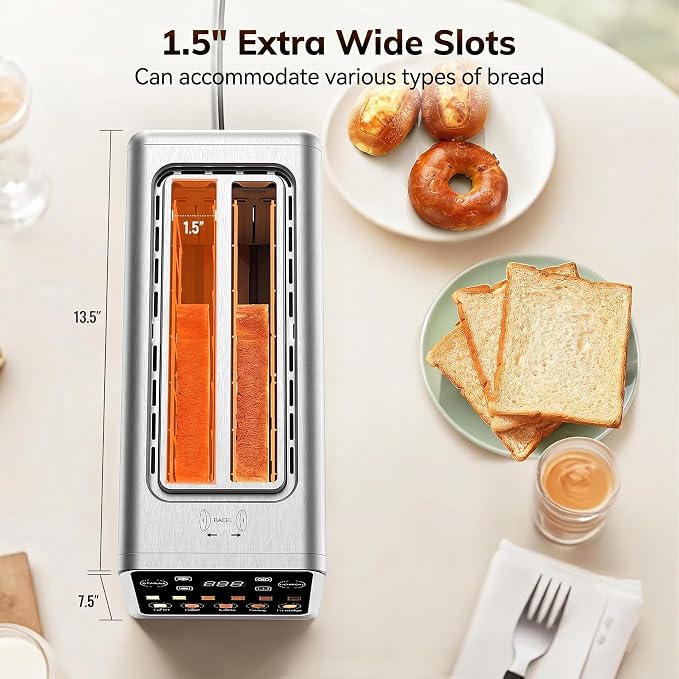 Keenstone 4 Slice Touch Screen Toasters with Wide Slot, 1400W Stainless Steel Smart Toaster for Bagels, Waffles, Muffin - Timer, Defrost, Reheat & Memory Function, Family Breakfast Toaster