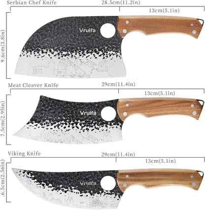 VRUIFA 3 PCS Butcher Knife Set (Serbian, Meat Cleaver, Viking), Hand Forged with Premium Stainless Steel Blades, Ergonomic Wooden Handle Kitchen Knife Set for Home,BBQ, and Camping