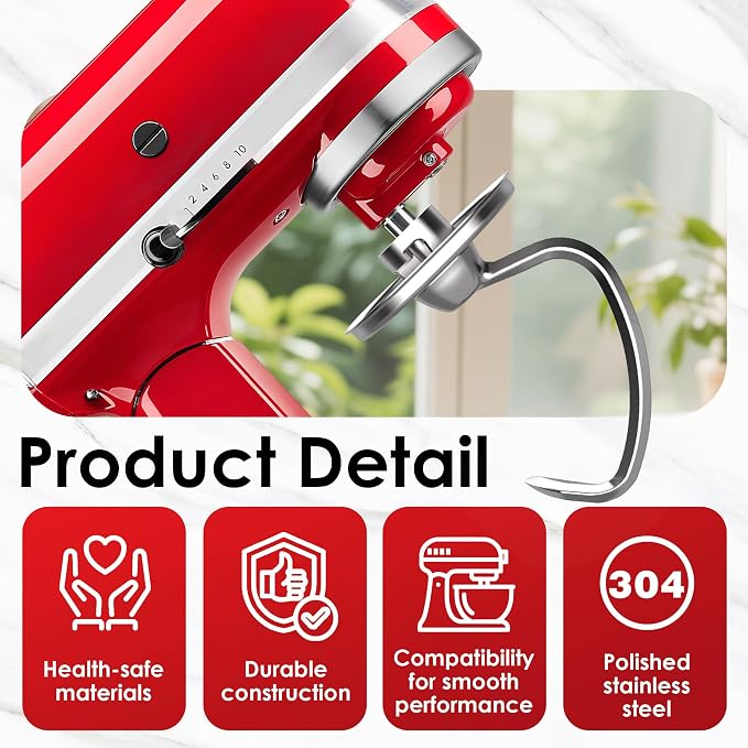 3-Piece Stainless Steel Mixer Attachment Kit for KitchenAid 4.5/5 QT Tilt-Head Mixers, K45WW Wire Whip, K45DH Dough Hook & K45B Coated Flat Beater, Baking Essentials Set, Dishwasher Safe