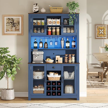 VilroCaz 70.9" Tall Farmhouse Kitchen Pantry Buffet Cabinet with Doors, Drawer and Shelves Wine Rack, Wooden Kitchen Hutch Cabinet with LED Outlets for Dining Room (Navy Blue-R)