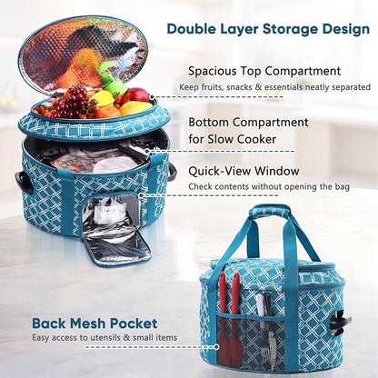 BAGSPRITE Double-layer Slow Cooker Carrying Case for Crock Pot 6-8 Quart, Insulated Crockpot Carrier with Adjustable Lid Straps,Portable Slow Cooker Travel Bag for Potluck, Parties, Family Gatherings