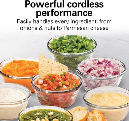 Hamilton Beach Powerful Cordless Mini Food Processor and Vegetable Chopper, 4 Cup Capacity, Fast Recharging, Includes Power Adapter, Chop, Puree, Emulsify, Grind, Dishwasher Safe Bowl, Black (72880)
