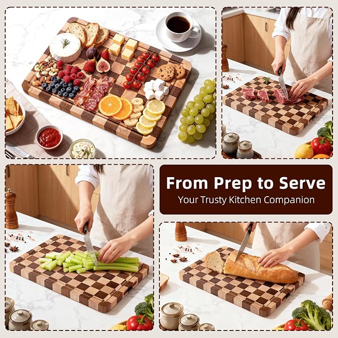 Checkered Cutting Board, Wooden Checkerboard Cutting Board for Kitchen 16 x 12 x 1", Rubber Wood Butcher Block Chopping Board with Juice Grooves & Handles for Meat, Vegetables & Cheese