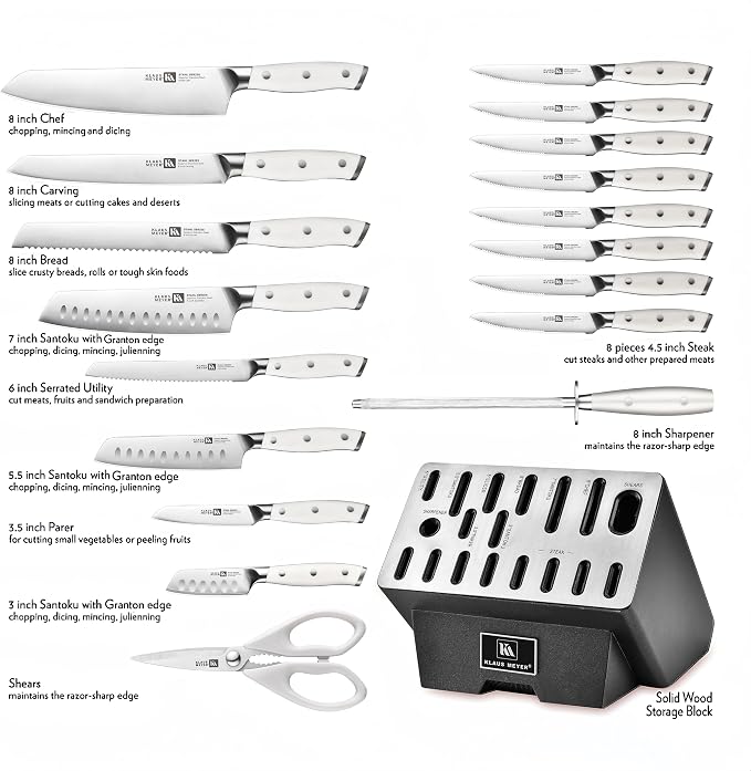 Klaus Meyer 19-Piece Knife Block Set, High Carbon German Stainless Steel (Stahl), Full-Tang Handles with Sharpener (White)