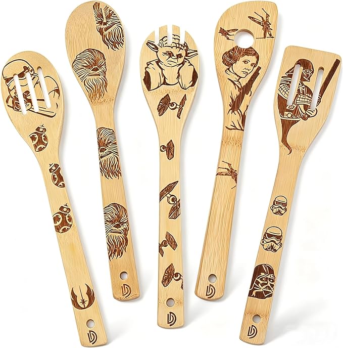5 PCS Star Wars Burned Wooden Spoon,Star Wars Gifts for Men,Baby Yoda Gifts for Women,Slotted Wooden Spatula Utensil Set for Starwars Christmas Gift