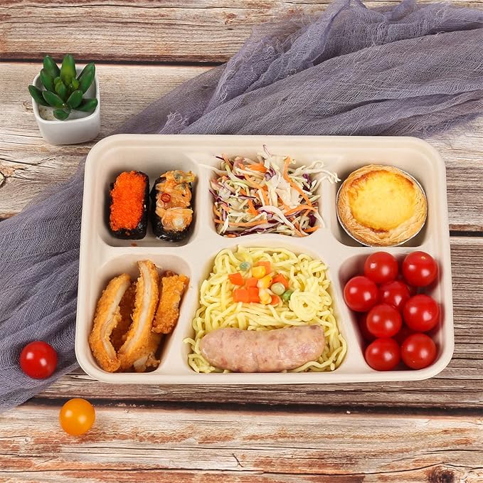 Sugarcane Fiber 40 oz 6 Compartments disposable plates with Lids Bagasse Plant Fibers Freezer Safe 25 Pack