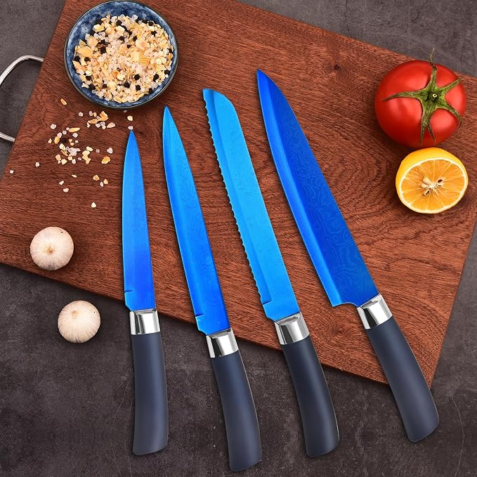 Knife Set, Kitchen Non Stick Knives Set with Block Thick Blade Cutlery Knife Block Sets with Sharpener 6pcs Steak Knife Shears Chef Sharp Quality Aluminum Alloy Block Blue Handle and Blade