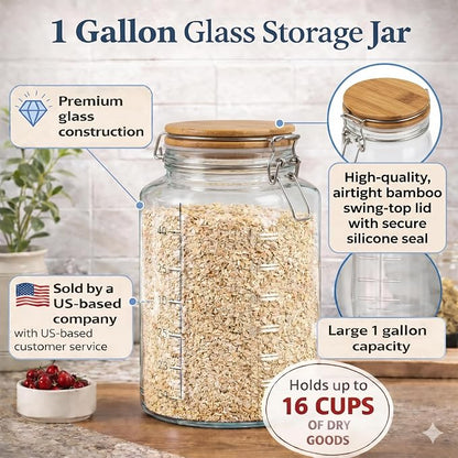 kitchentoolz 1 Gallon Mason Jars Wide Mouth with Airtight Bamboo Lids – Set of 2 Gallon Glass Jar with Lid – Large Mason Jars with Lids for Kitchen Pantry, Storage, and Canning