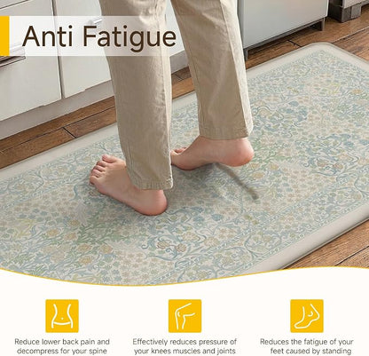 Kitchen Mats for Floor Thick Anti Fatigue Waterproof Vintage Spring Floral Kitchen Rugs 2PCS Cushioned Non Blue Comfort Standing Mats for Sink Laundry Office 17.3"×47"+17.3"×30"