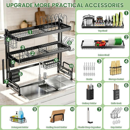 Over The Sink Dish Drying Rack, Adjustable 3 Tier Large Capacity Stainless Steel Drainer with Cutlery/Utensil/Cup Holder Hooks, Kitchen Storage & Organization, 25"-38" L x 11" W x 37.5" H, Black
