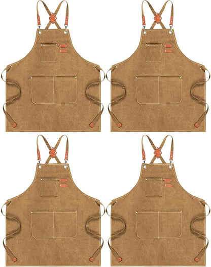 Toulite 4 Pack Canvas Chef Apron for Men with Adjustable Strap Cross Back Cotton Barber Apron with Pocket, 26 x 30''