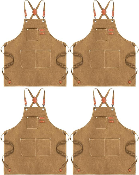 Toulite 4 Pack Canvas Chef Apron for Men with Adjustable Strap Cross Back Cotton Barber Apron with Pocket, 26 x 30''