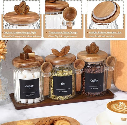 Suclain 3 Pcs Glass Coffee Container with Acacia Wood Lid & Spoon, 20.3 oz Airtight Glass Jar with Wooden Shelf, Food Storage Containers Coffee Jar Tea Container(Acacia Color)
