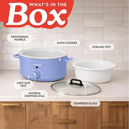 Gourmia Slow Cooker - 7 Quart Removable Ceramic Pot, Manual Controls with 3 Temperature Settings, Dishwasher Safe Crock and Glass Lid, Lavender